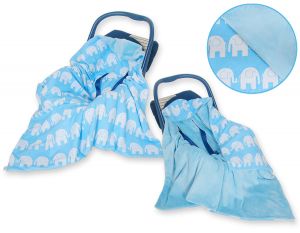 Big double-sided car seat blanket for babies - Elephants blue